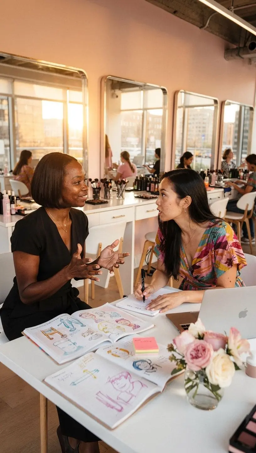 Wnętrze studia piękna z jasnym, inspirującym designem sprzyjającym kreatywności i nauce.