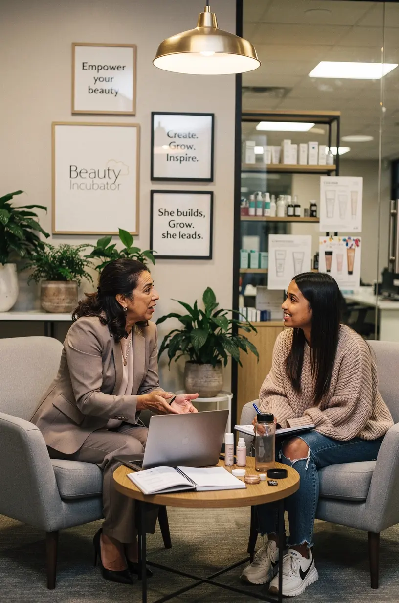 Spotkanie networkingowe uczestników programu rozwoju biznesu w studiu kosmetycznym.